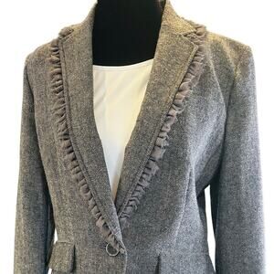 Banana Republic Grey Ruffle Herringbone Blazer Size 6 Feminine Preppy Style